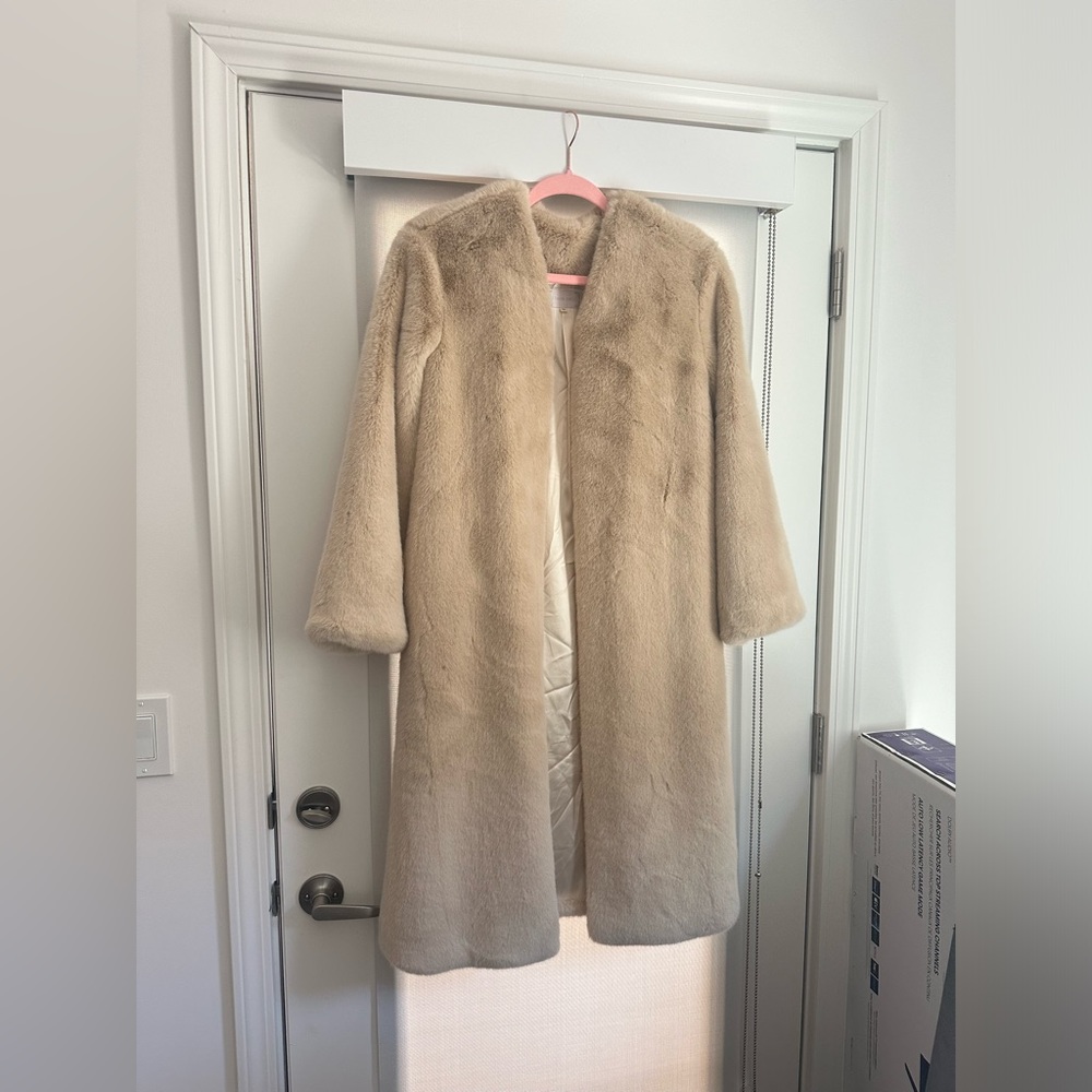 Faux Fur Long Coat Cream Suede